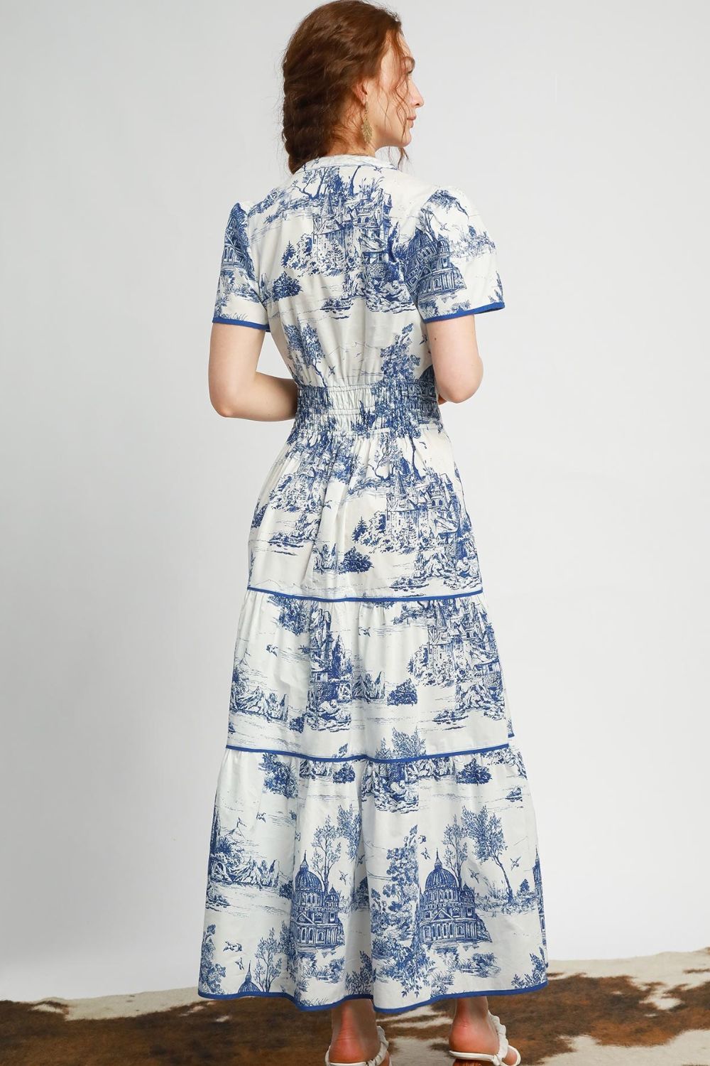 Umgee Full Size Landscape Print Short Sleeve Tiered Maxi Dress Plus