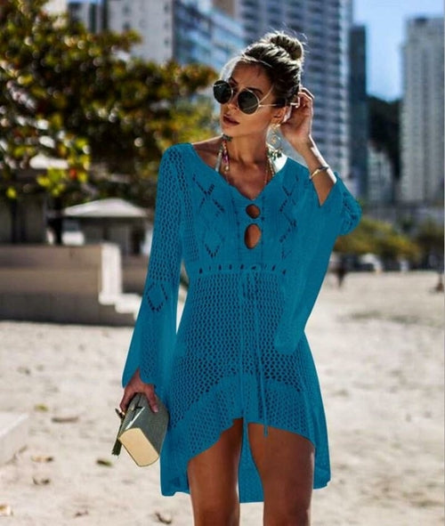 New Beach Cover Up Crochet For Women Knitted Tassel Tie Beachwear